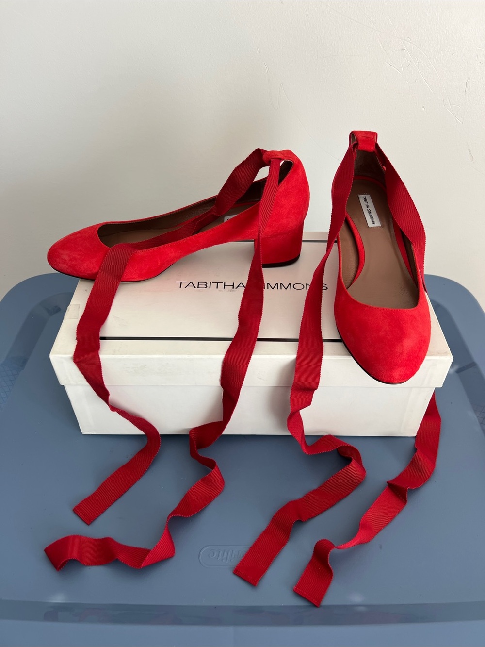 Tabitha Simmons red suede block low heel with ribbon wrap around ankle bows 37